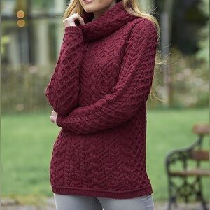 Aran Crafts Women's Traditional Irish Cable Cowl Neck Sweater (100% Merino Wool)